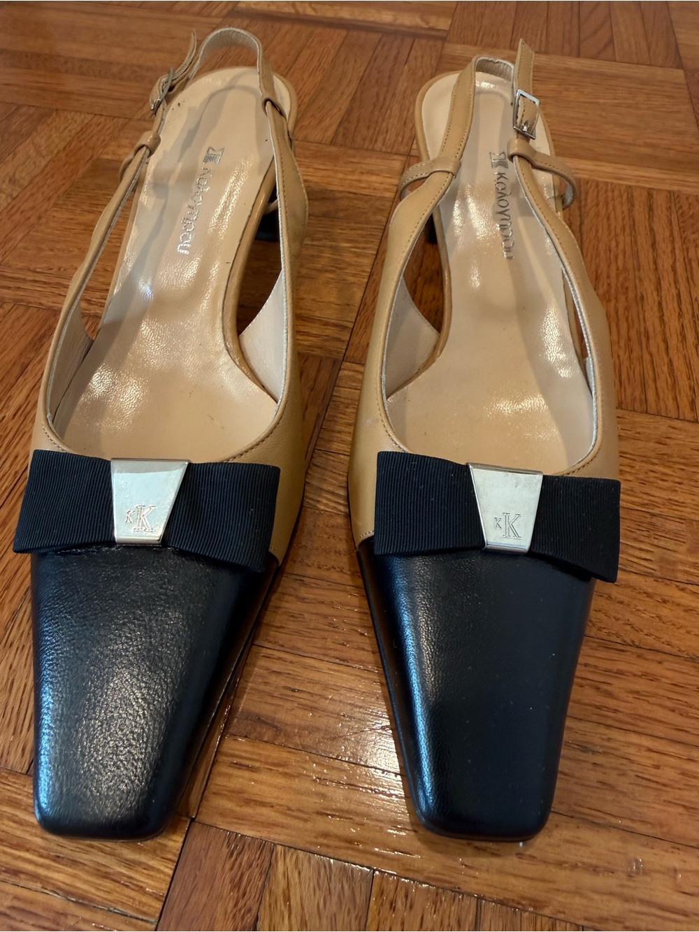 Aryn K Two-Tone Slingback Pumps in Beige and Black